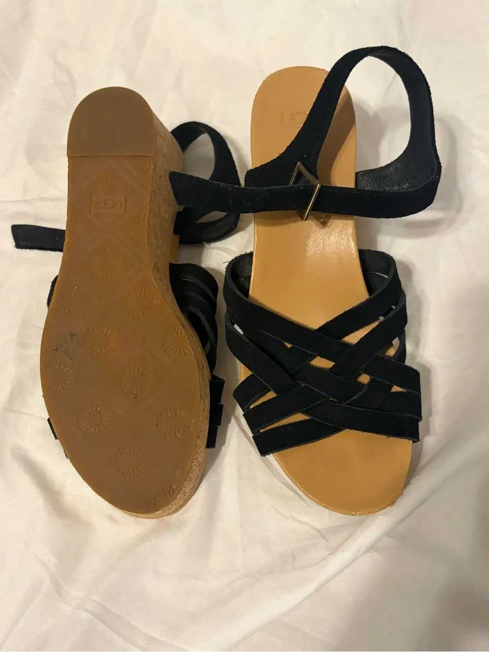 UGG Black Strappy Wedge Sandals with Cork-Style Heel
